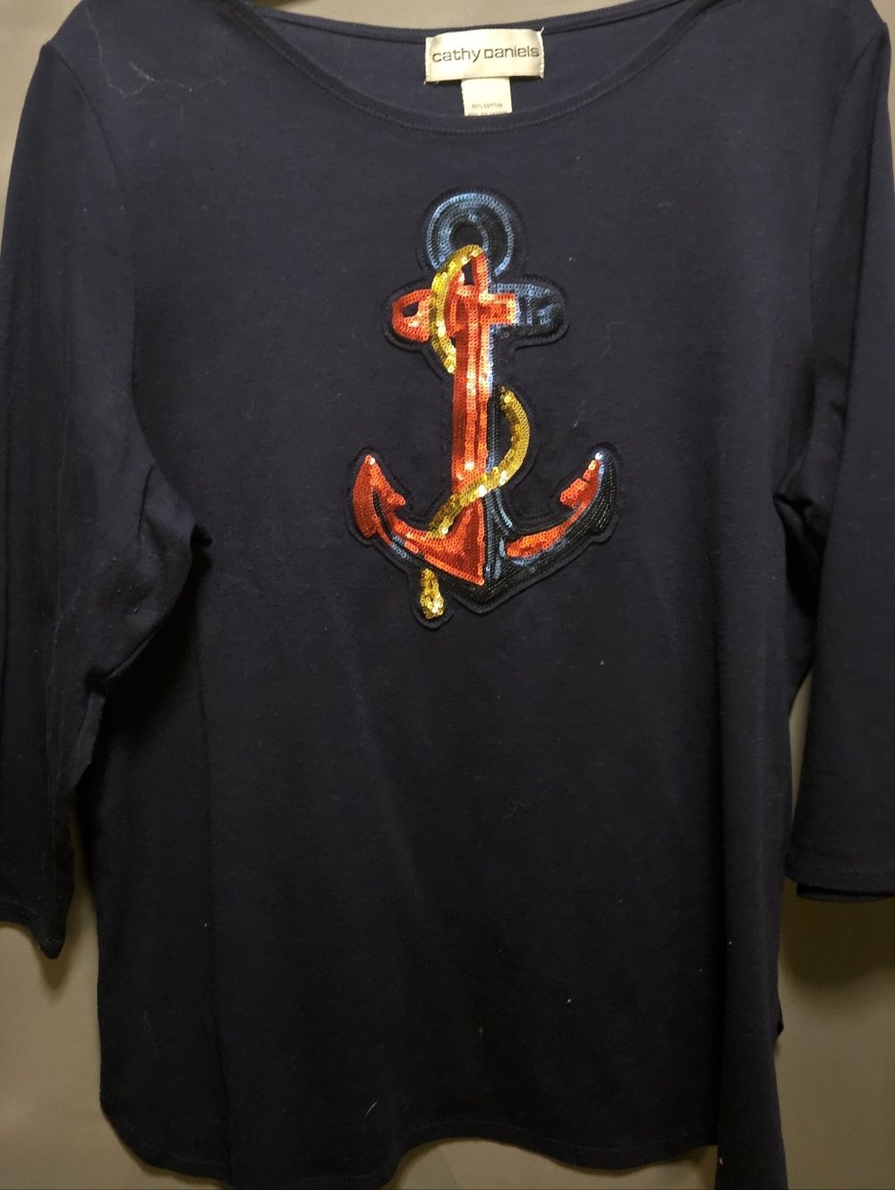 Cathy Daniels Tee Womens Sz XL Navy with Multicolor Sequin Anchor 3/4 Sleeve